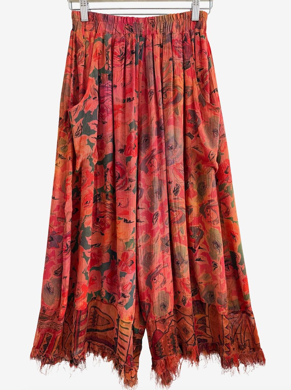 URU Floral Print Rayon Wide Leg Elastic Waist Pants Art to Wear Boho One Size
